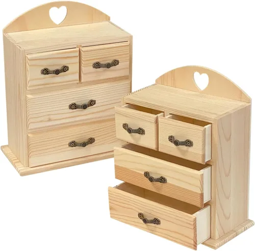 Vista 6 de Paquete de 2 cajas de madera sin terminar con mini cajones para joyas, pequeña caja organizadora de madera para manualidades, pasatiempos, proyectos