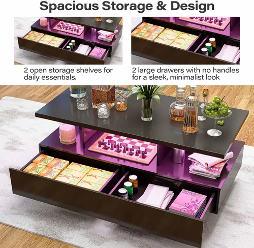 Vista 7 de LAUSAINT HOME Mesa auxiliar LED con almacenamiento, moderna mesa de centro iluminada de 2 niveles con aplicación y control remoto, más de 60,000