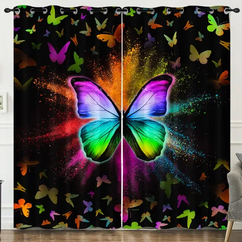 Vista 7 de HOSIMA Cortinas mágicas de hongos 2 paneles, cortinas de mariposa floral con mandala para sala de estar, decoración de habitación de moda para niñas