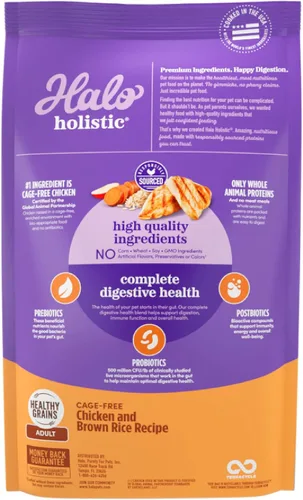 Vista 2 de Halo Holistic, comida para perros sin jaula con pollo libre y arroz integral, fórmula de cereales saludables, comida seca para perros, salud