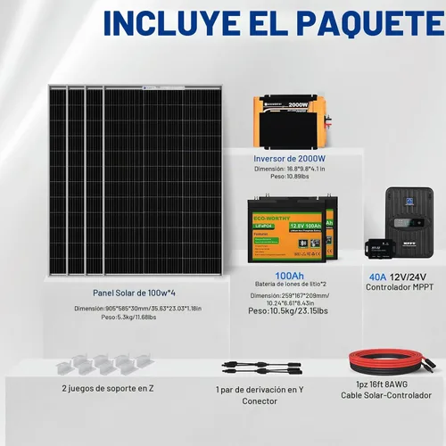 Vista 5 de ECO-Worthy - Kit completo de panel solar de 1.6KWH 400W 12V para RV fuera de la red: 4 * panel solar de 100W + controlador MPPT de 40A + 2 * batería