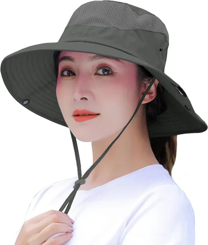 Vista 2 de Sombrero de cola de caballo para mujer, ala ancha, protección UV, malla para playa, pesca, jardinería