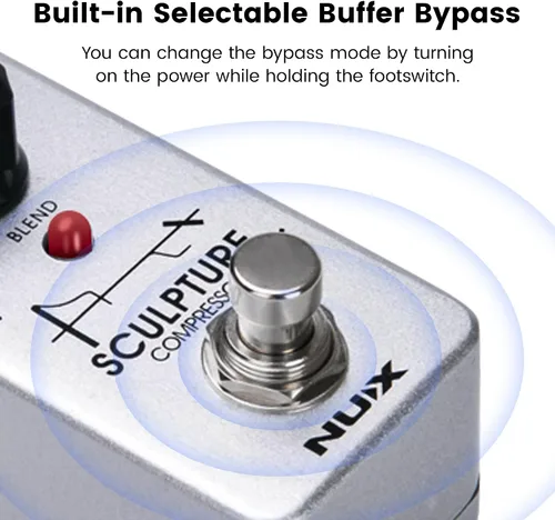 Vista 3 de NUX Mini pedal de efectos de guitarra de compresor de escultura, modo limpio, modo de clip, perilla de mezcla, bypass de búfer seleccionable Bulit