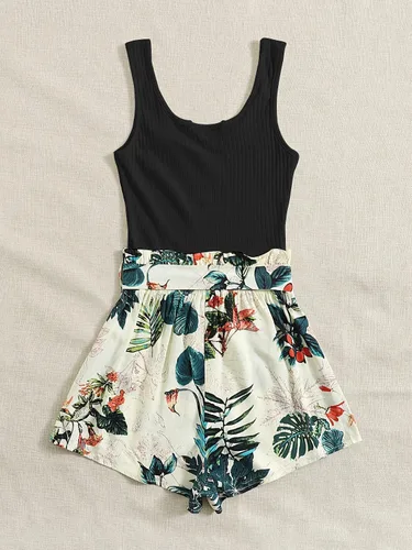 Vista 2 de Floerns Mameluco de verano para mujer, estampado tropical, sin mangas, cuello con muescas, cintura alta