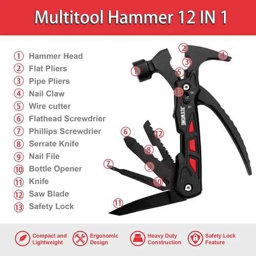 Vista 2 de Regalo único, Cuchillo de bolsillo Multiherramienta, Martillo 12 en 1, Cuchillo plegable, Equipo de supervivencia al aire libre, Multiherramienta