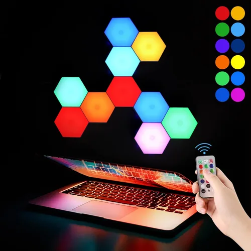 Vista 4 de Luces Hexagonales, Luces LED Inteligentes de Pared con Control Remoto, 13 Colores Táctiles DIY Paneles de Pared RGB Modulares Ensamblados, Luz