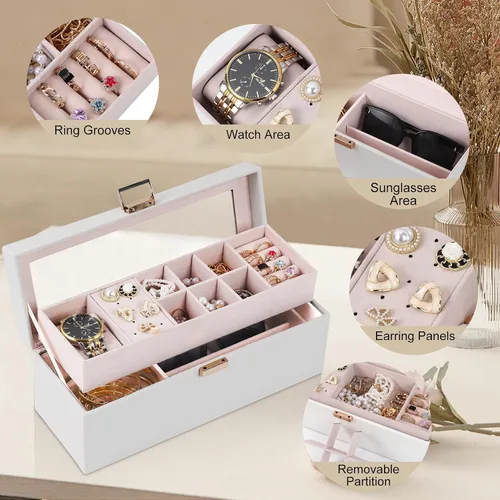Vista 4 de Dajasan Cajas de joyería para mujeres y niñas, caja organizadora de joyas, caja organizadora de joyas de 2 capas con tapa transparente, organizador