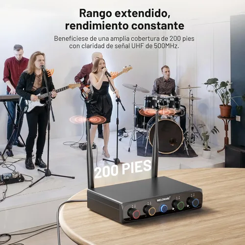 Vista 3 de MELONARE Sistema de micrófono inalámbrico de 4 canales, juego de micrófono inalámbrico UHF con frecuencias de 4x10, 200 pies, 2 micrófonos dinámicos