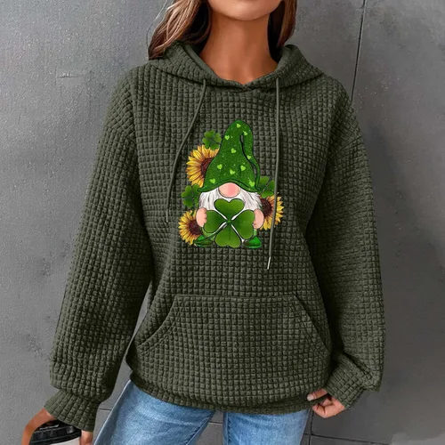 Vista 3 de Womens St. Patricks Day Hoodie Waffle Knit Cute Gnome Graphic Oversized Sweatshirts Casual Long Sleeve Pullover