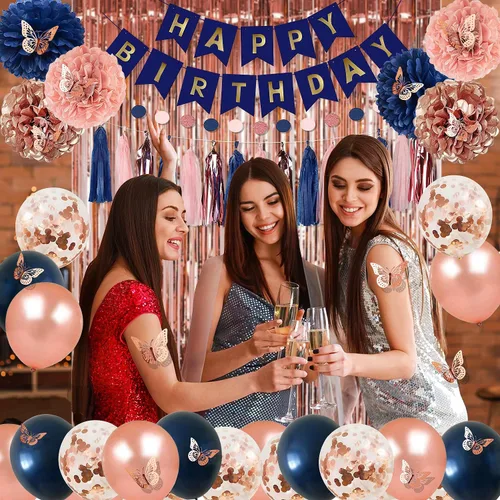 Vista 4 de Pugkloy Decoraciones de fiesta de cumpleaños de oro rosa y azul marino con pancarta de feliz cumpleaños, cortinas, pared de mariposa, guirnalda