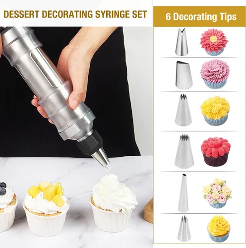 Vista 2 de Juego de jeringas para decoración de postres, kit de tuberías de glaseado, herramienta de decoración de pasteles de acero inoxidable, 6 boquillas