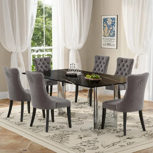 Vista 11 de Juego de mesa de comedor moderno para mesa de comedor de cristal de 6, 7 piezas, mesa de mármol sintético de 71 pulgadas con base de acero