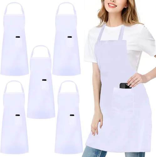 Vista 8 de Paquete de 5 delantales de chef blanco y negro, delantal de cocina con bolsillo para hombres y mujeres, delantal de trabajo de cocina para camarera