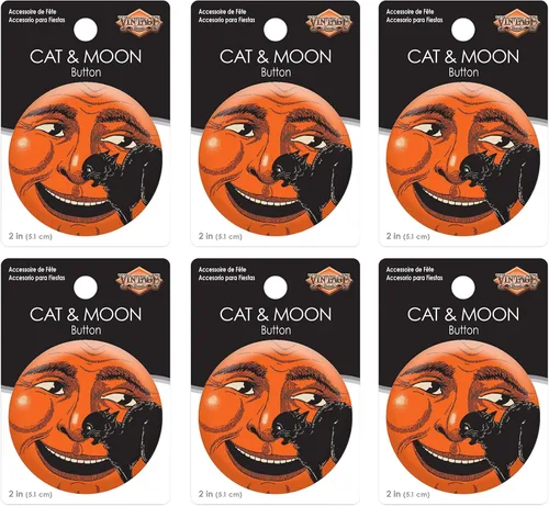 Vista 6 de Beistle 6 piezas Vintage Halloween Party Supplies Cat & Moon Pinback botón Pinback, 2 pulgadas, naranjanegro