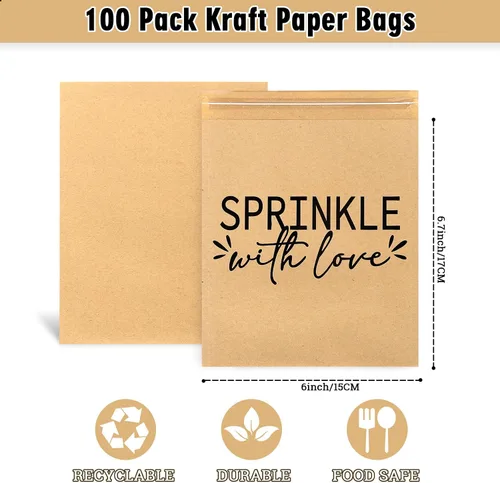 Vista 2 de AnyDesign Paquete de 100 bolsas de bufé de dulces de donas, autoadhesivas, espolvorear con amor, bolsas de papel kraft para golosinas de galletas