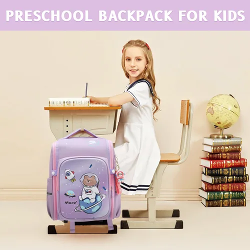 Vista 6 de Maod Mochilas para niñas y niños, mochila escolar para niña con hombros acolchados y un colgante gratis, Púrpura, Mochila infantil para niñas