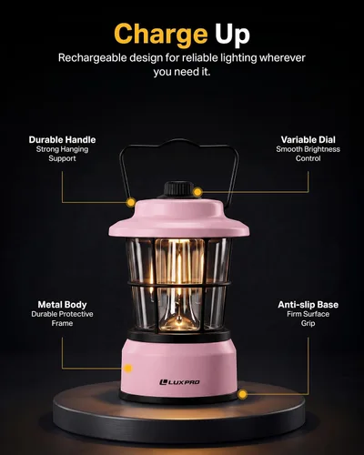 Vista 5 de LUXPRO LP1536 Linterna retro recargable de 500 lúmenes de doble potencia LED linterna de campamento (rosa, 1 paquete, recargable)