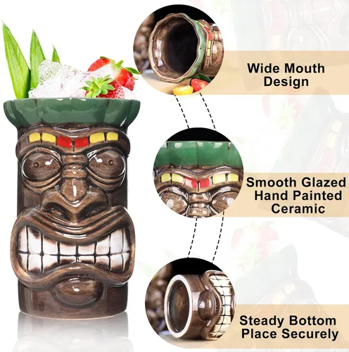 Vista 6 de SuproBarware Tiki - Juego de 8 tazas de cerámica hawaiana para fiestas, tazas de bar Tiki para cócteles, tazas tropicales prémium para fiestas