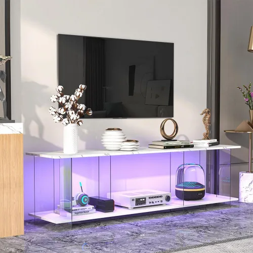 Vista 8 de Soporte de TV LED, mueble de consola de madera con patrón de mármol de imitación de escritorio y luces LED, centro de entretenimiento moderno