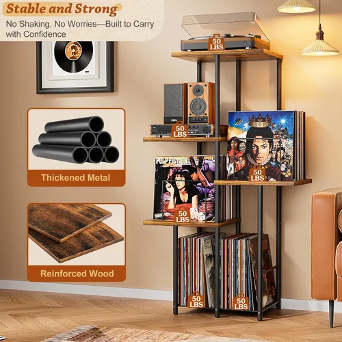 Vista 7 de Soporte para Tocadiscos, Soporte de Almacenamiento de Discos de Vinilo con Estante de Exhibición, Mesa de Soporte para Tocadiscos con Divisores