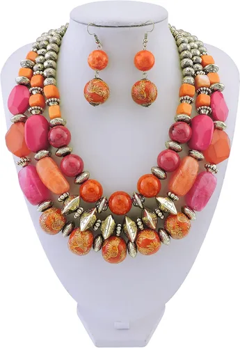 Vista 2 de Bocar Juego de collar y aretes de cuentas gruesas de 3 capas, collar de múltiples capas para mujer