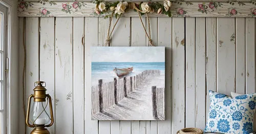 Vista 6 de Yihui Arts - Lienzo decorativo para pared de playa con diseño de bote azul y gris costero náutico cuadrado, pintura artística para decoración