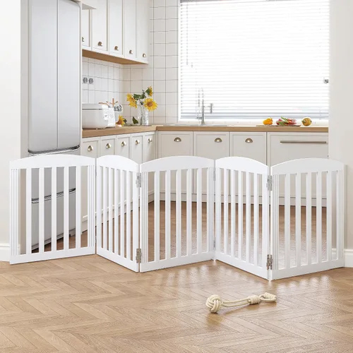 Vista 10 de SPIRICH Puerta plegable independiente de madera para perros de 96 pulgadas de ancho y 28 pulgadas de alto, puerta para mascotas, 4 paneles