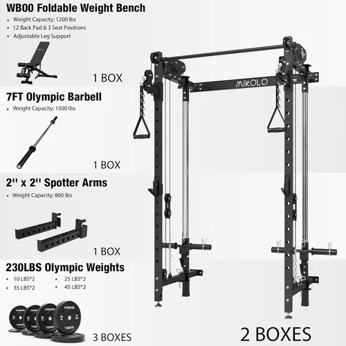 Vista 2 de Mikolo Folding Squat Rack, Wall Mounted Power Rack with Cable Crossover Machine & LAT Pull Down, Functional Trainer with 5 Adjustable Function