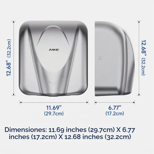 Vista 3 de Secador de manos comercial AIKE Elephant Power de alta velocidad con viento cálido automático, cubierta de acero inoxidable cepillado AC110V-130V