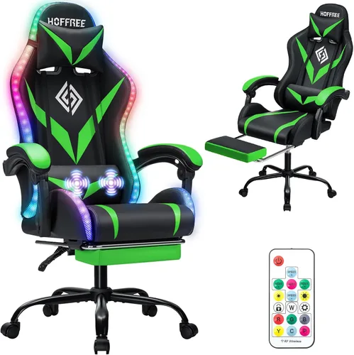Vista 15 de HOFFREE - Silla para juegos con luces LED RGB estilo carreras, color azul azul+negro