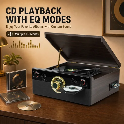 Vista 6 de Reproductor de discos todo en uno con reproductor de CD y cassette, grabación MP3 directa a USB, Bluetooth, radio FM, tocadiscos de 3 velocidades