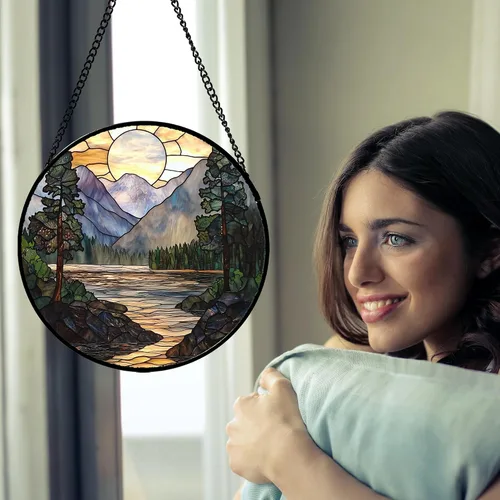 Vista 3 de Colgador de vidrieras para colgar, atardecer montañas, lago, árbol, atrapasoles para ventana, decoración del hogar, paisaje, día de la madre
