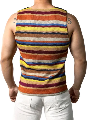 Vista 2 de JOGAL Camisas sin mangas a rayas arcoíris para hombre, camisetas sin mangas casuales multicolor