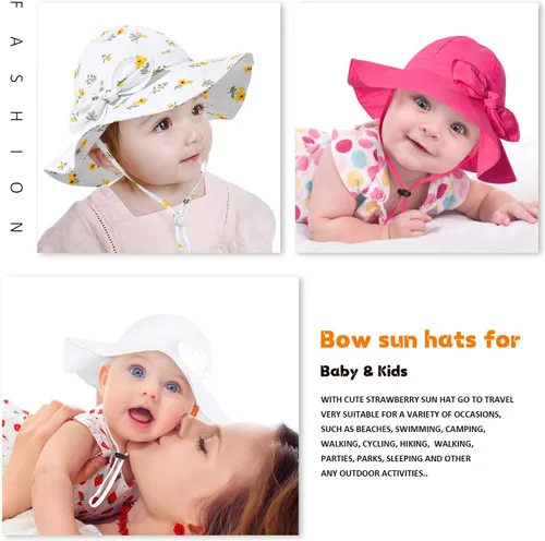 Vista 5 de Sombrero de sol para bebé niña con UPF 50+ sombrero de playa ajustable para exteriores con ala ancha