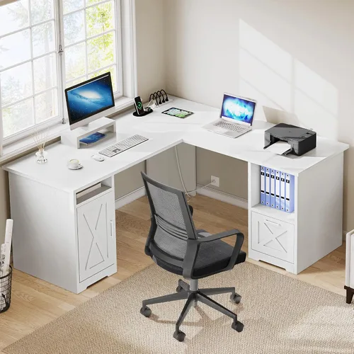Vista 8 de DWVO Escritorio en forma de L con cajón de archivos, escritorio de esquina de 60 pulgadas con tomas de corriente, escritorio de oficina en casa