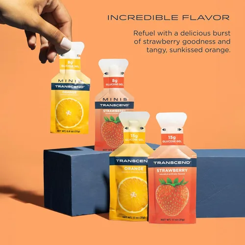 Vista 3 de Transcend Foods Geles de fresa + naranja (1.1 oz, paquete de 10) Gel de carbohidratos de acción rápida sabor a fresa y naranja – Sin cafeína, sin
