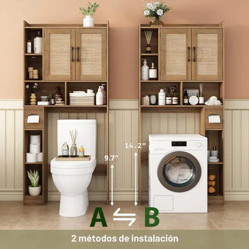Vista 3 de RUSTOWN - Gabinete de almacenamiento de ratán sobre el inodoro, armario de almacenamiento para baño Roble rústico