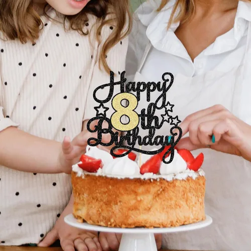 Vista 6 de 1 pieza de decoración de pastel de 8º cumpleaños con purpurina y saludos a 8 años, decoración de pastel de feliz cumpleaños para fiesta de 8 años