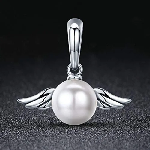 Vista 4 de Alas de ángel y perlas de concha colgantes de plata de ley 925 con dije de ángel para bricolaje, pulsera y collar, Plata esterlina