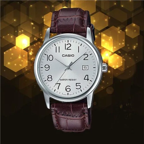 Vista 5 de Casio #MTP-V002L-7B Reloj analógico estándar de cuero para hombre, fácil de leer, fecha de día, plateado, Informal, clásico