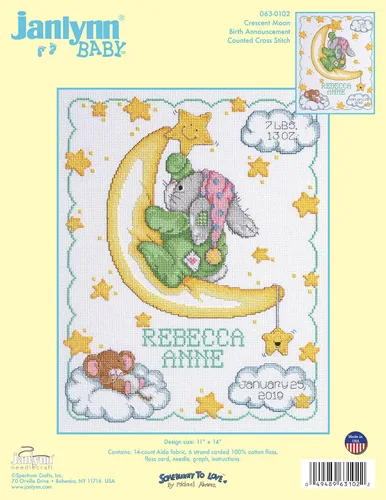 Vista 2 de Janlynn Kit de punto de cruz, 14 x 11 pulgadas, anuncio de nacimiento de luna creciente, blanco