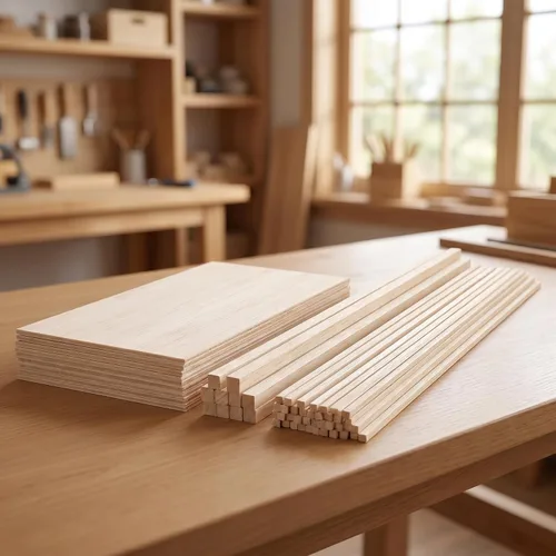 Vista 6 de Kit de manualidades de madera de balsa prémium Barsha Space - 10 hojas sin acabar (10x15cm, 12.7mm) + 140 palos (3mm & 6mm) - Ideal para modelos