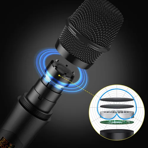 Vista 2 de PROZOR Micrófono Inalámbrico UHF con Control de Volumen, Agudos, Graves y Eco, Micrófono Inalámbrico Recargable Dual de Mano Sistema de Micrófono