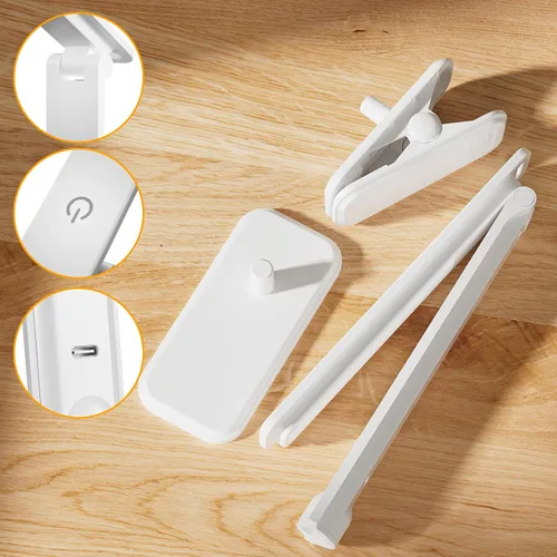 Vista 2 de Lámpara LED de escritorio, lámpara de mesa regulable, lámpara de lectura con clip y base intercambiables, 3 brillos regulables, pequeña lámpara