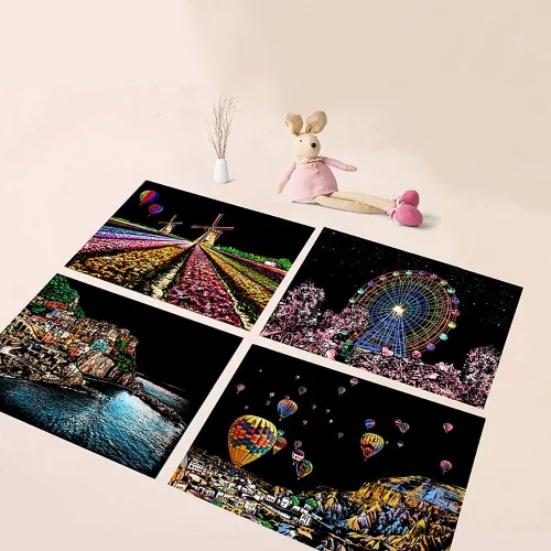 Vista 2 de Papel de pintura para rascar arcoíris (A4) para niños y adultos, juego de rascador de visión nocturna de bricolaje: 4 hojas de tarjetas para rascar