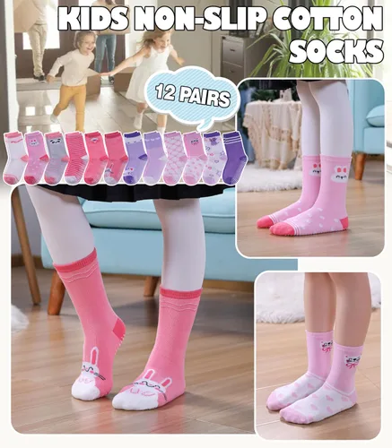 Vista 2 de Calcetines antideslizantes para niñas pequeñas, calcetines de algodón con agarres, 12 pares