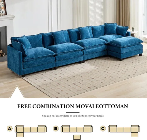 Vista 93 de Sofá seccional modular verde de 111.5", sofás seccionales grandes de 3 plazas para sala de estar, sofá nube oversized de tela chenille con otomana