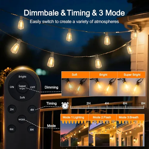 Vista 4 de BLIATLUS Guirnalda de luces solares superbrillantes de 100 pies para exteriores, impermeable, con control remoto, 30+2 bombillas LED ST38