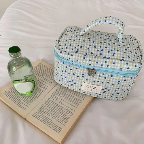 Vista 5 de Bolsa de cosméticos de viaje, bolsa de maquillaje de algodón, bolsa de aseo acolchada con hermoso patrón floral, bolsa de cosméticos de gran
