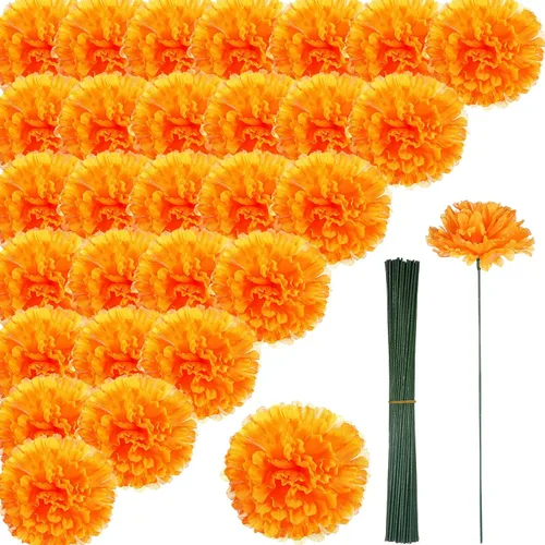 Vista 8 de Cindeer Paquete de 200 flores artificiales de caléndula con tallos a granel de 3.5 pulgadas, caléndulas falsas de caléndula de seda para bricolaje